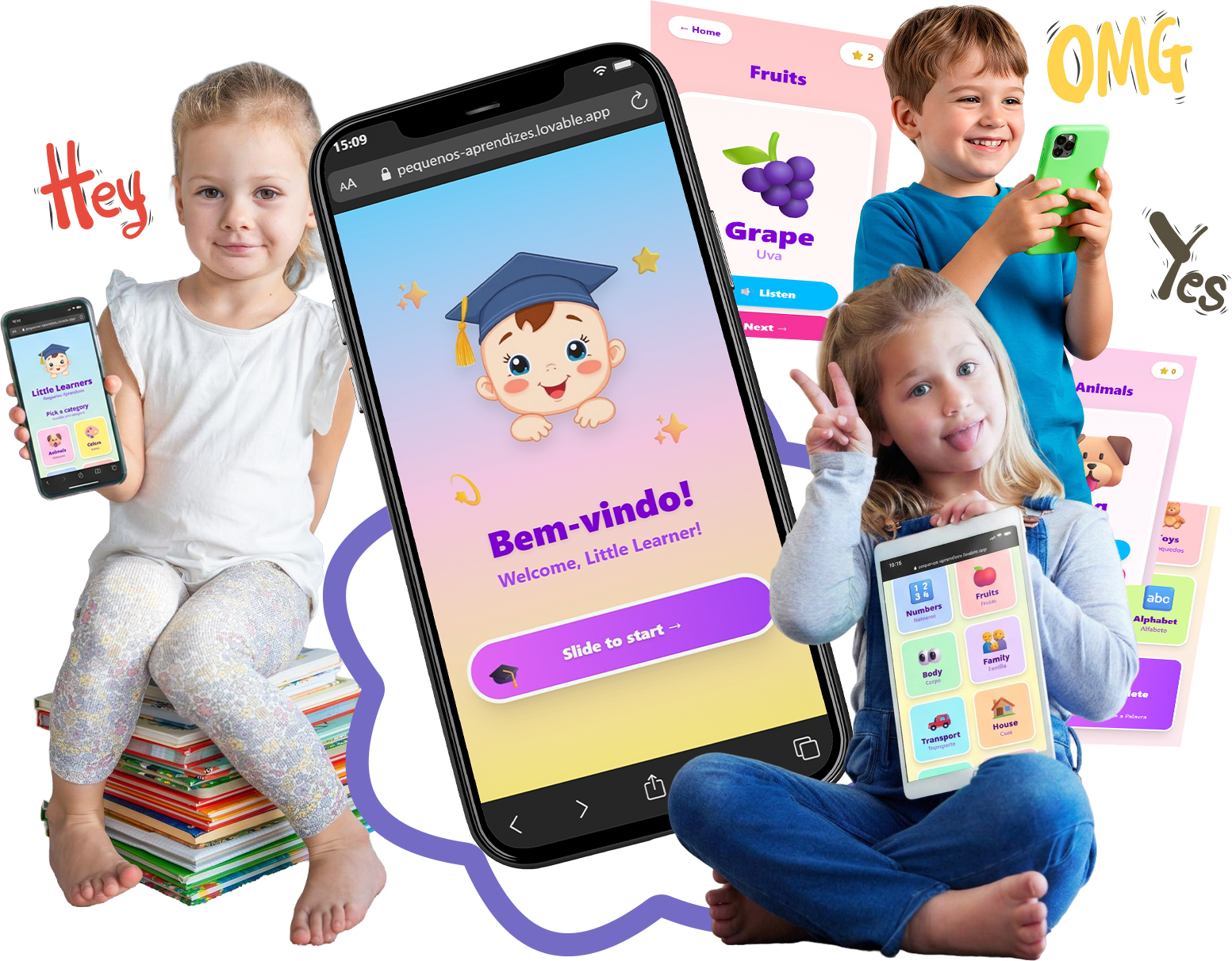 Mockup das telas do app com crianças usando o Pequenos Aprendizes