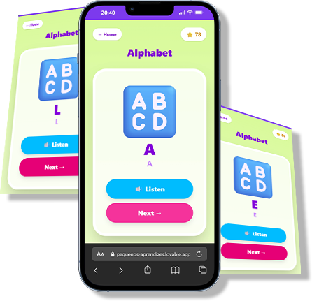 Tela do app: categoria Alfabeto